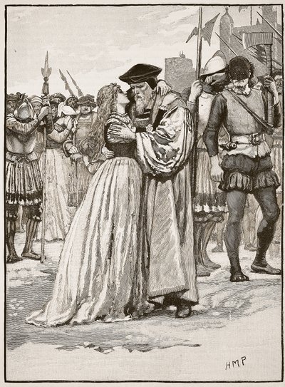 Avskedet mellan Sir Thomas More och hans dotter, illustration från Cassells Illustrated History of England (sepiafoto) av English School