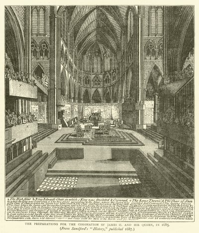Förberedelserna för kröningen av James II och hans drottning, 1685, från Sandfords "History", publicerad 1687 (gravyr) av English School