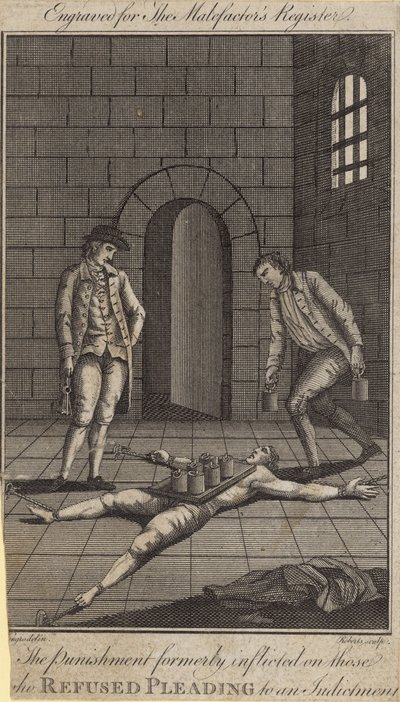 Det straff som förr utdömdes till dem som vägrade att erkänna ett åtal (gravyr) av English School