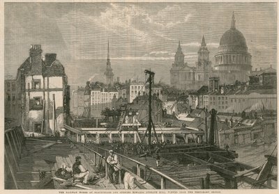 Järnvägen fungerar vid Blackfriars och öppnar sig mot Ludgate Hill, London, sett från den tillfälliga bron av English School