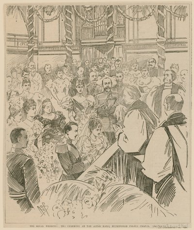 Det kungliga bröllopet, ceremonin vid altarskenorna, Buckingham Palace Chapel, 23 juli 1896 av English School