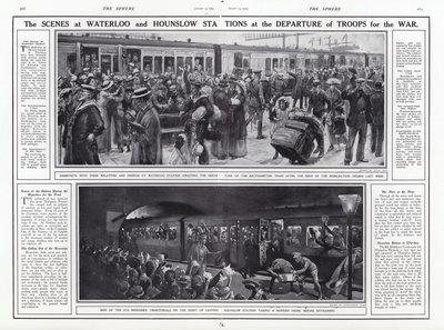 Scenerna vid Waterloo- och Hounslow-stationerna vid truppernas avgång för krig, första världskriget, augusti 1914 av English School