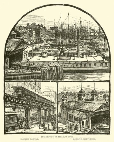 Sjöfarten på East River; Förhöjd järnväg; Hamilton färjehus av English School