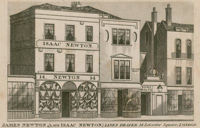 Butiksfronten på Isaac Newton, linneduk på 14 Leicester Square, London av English School