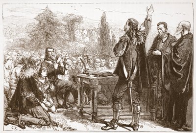 Svordomen och prenumerationen av National Covenant i Greyfriars Churchyard, Edinburgh, illustration från The History of Protestantism av James Aitken Wylie (1808-1890), pub. 1878 av English School