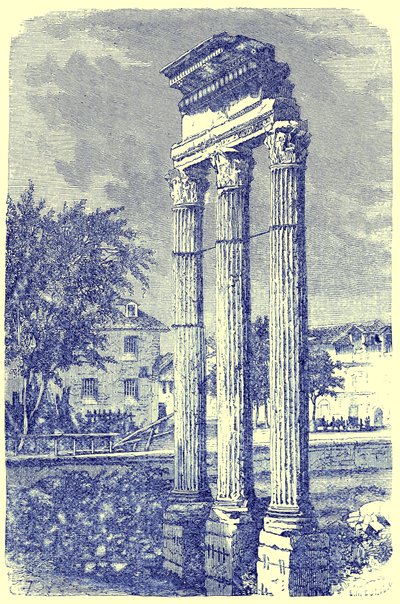 De tre kolumnerna vid Castortemplet, illustration från History of Rome av Victor Duruy, publicerad 1884 (digitalt förbättrad bild) av English School