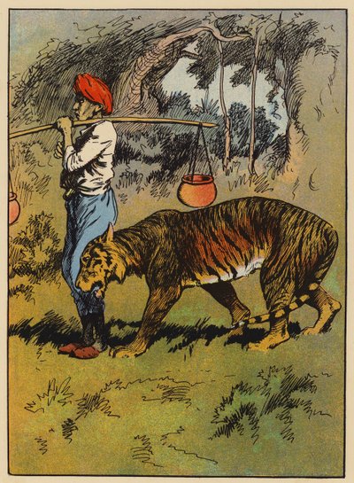 Tigern gnuggar sig mot mannens ben (färg litho) av English School