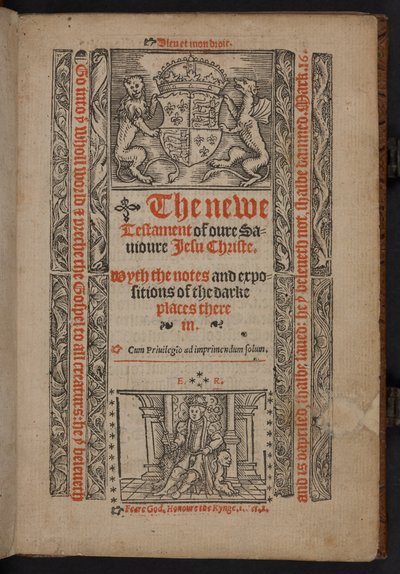 Titelsidan till The newe Testament of oure Sauioure Iesu Christe. Samt anteckningar och utläggningar av de mörka ställena däri av English School