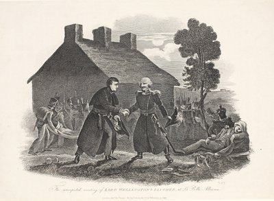 Lord Wellingtons och Bluchers oväntade möte på La Belle Alliance, pub. T Kelly, 1811 av English School