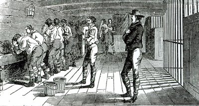 Tvättrummet under däck - fördömda fackföreningsmedlemmar som transporteras till Australien, illustrerad i The Martyrs of Tolpuddle, publicerad av Trades Union Congress, 1834 av English School