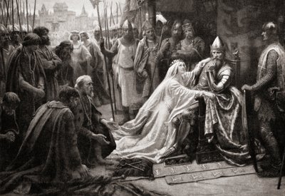 Hustrun till kung Edward III, drottning Philippa av Hainault, går i förbön inför sin man för att be att livet på de sju borgarna i Calais ska skonas (tryck) av English School