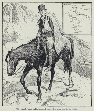 "Den skadade mannen, på sin utmattade häst, rider ensam från bergen" (litho) av English School