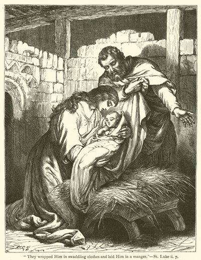 "De lindade in honom i lindade kläder och lade honom i en krubba", St Luke, ii, 7 (gravyr) av English School
