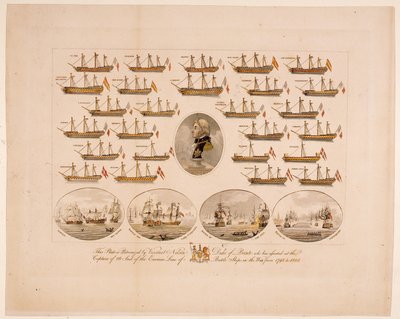Denna skylt är beskyddad av Viscount Nelson Duke of Bronte som har assisterat vid infångandet av 26 Segel av Enemies Line of Battle Ships i kriget från 1793 till 1805 (färgad gravyr) av English School