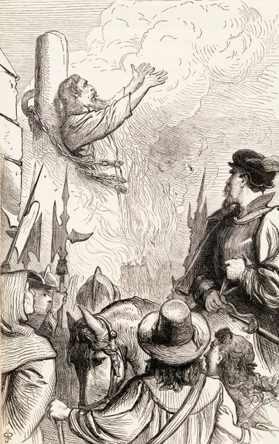 Thomas Hawkes brändes på bål under Marianförföljelserna, ca 1865 (trästick) av English School
