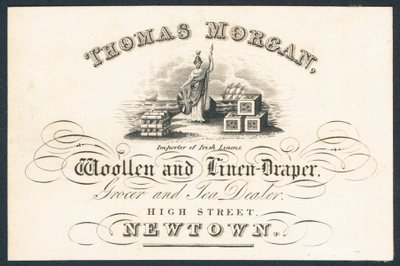 Thomas Morgan, ull- och linnedraperi, livsmedelsaffär och tehandlare, handelskort av English School
