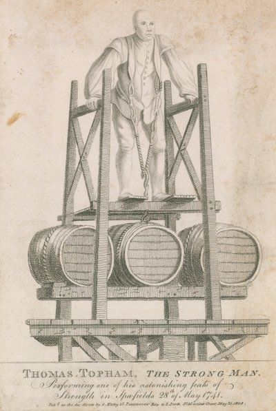 Thomas Topham, den starka mannen, utför en av sina häpnadsväckande styrka i Spitalfields, 28 maj 1741 av English School