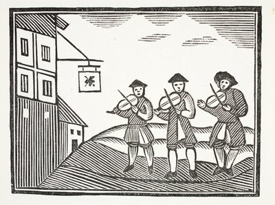 Three Fidlers in Thames Street, som spelade upp en brudgum på morgonen, som inte gav dem något att dricka, illustration från Chap-books of the Eighteenth Century av John Ashton, pub. 1882 av English School