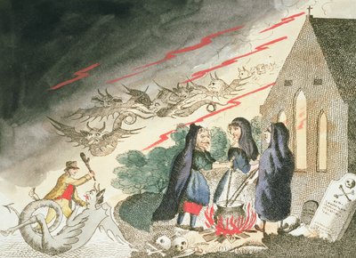 Tre häxor på en kyrkogård, ca 1790-talet av English School