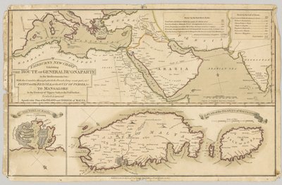 Tre tryckta färgade kartor: Fairburns New Chart som visar General Bonapartes rutt i Medelhavet, 1798 av English School