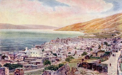 Tiberius och Galileiska sjön, Israel, ca 1910 (färg litho) av English School