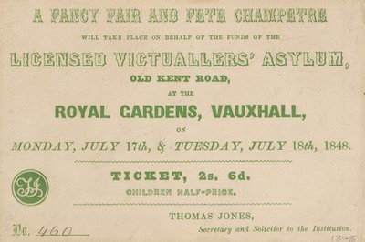 Biljett till A Fancy Fair and Fete Champetre på Royal Gardens, Vauxhall, London av English School
