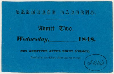 Biljett till Cremorne Gardens, London, 1848 av English School