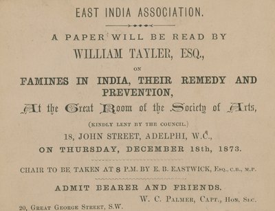 Biljett till en föreläsning av William Tayler från East India Association av English School
