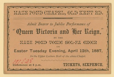 Biljett till en föreställning av Queen Victoria and Her Reign av English School