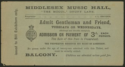 Biljett till Middlesex Music Hall, The Mogul, Drury Lane, London av English School