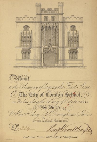 Biljett till nedläggningen av den första stenen i City of London School, 21 oktober 1835 av English School