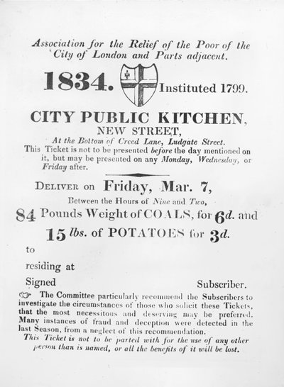 Biljett utfärdad till de fattiga för att ta emot kol och potatis från City Public Kitchen, New Street, London, 1834 av English School