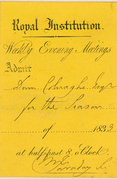 Entrébiljett till Royal Institution, Albemarle Street, London, till en föreläsning av Michael Faraday av English School