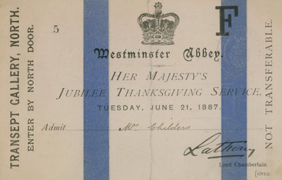 Biljett till Hennes Majestäts jubileums-tacksägelsegudstjänst av English School