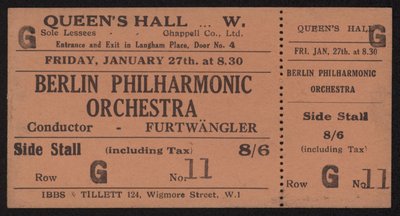 Biljett till en konsert av Berlin Philharmonic Orchestra, Queens Hall, London fredagen den 27 januari 1928 av English School
