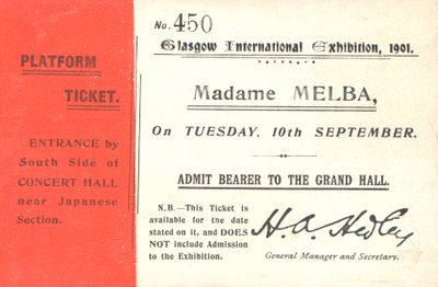 Biljett för att höra Nellie Melba på Glasgow International Exhibition, 1901 (tryckt) av English School