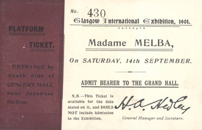 Biljett för att höra Nellie Melba på Glasgow International Exhibition, 1901 (tryckt) av English School