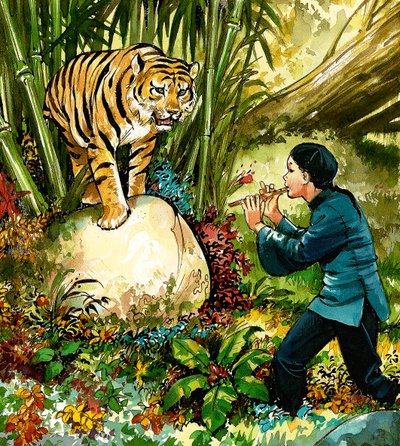Tiger som spelas till på flöjt av English School