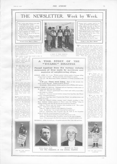 Tidslinje för händelser och artiklar om Titanics förlisning, från The Sphere, 27 april 1912 av English School