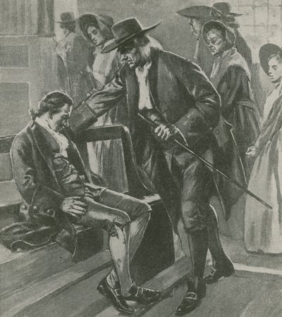 Trött och hungrig somnar Benjamin Franklin i ett möteshus för Quaker av English School