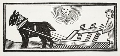 Detta är en plog som bryter upp jordens tarmar för sådd av majs, illustration från Chap-books of the Eighteenth Century av John Ashton, pub. 1882 av English School