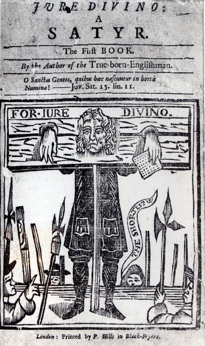 Titelsidan för den första boken Jure Divino - A Satyr av Daniel Defoe (1660-1731) publicerad 1706 av English School