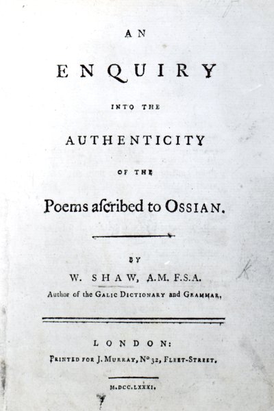 Titelsida för En undersökning om äktheten av dikterna som tillskrivits Ossian av William Shaw, publicerad 1781 (tryckt papper) av English School