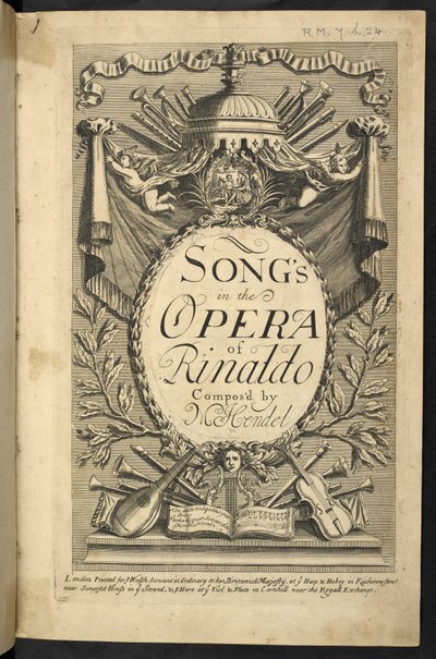 Titelsida för "Sånger i Rinaldos opera" av Friedrich Händel av English School
