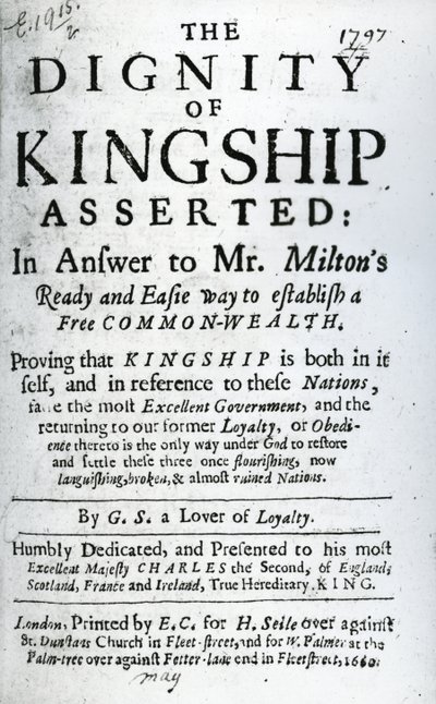 Titelsida för The Dignity of Kingship Asserted by G.S. a Lover of Loyalty, publicerad 1660 (tryckt papper) av English School