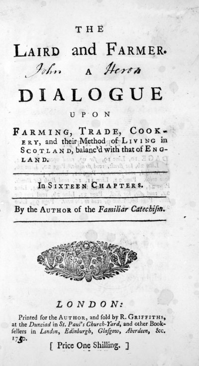 Titelsida för The Laird and Farmer av författaren till den bekanta katekesen, publicerad 1750 av English School