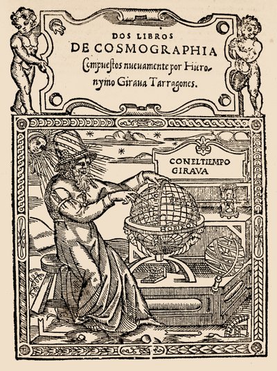 Titelsida för Two Books of Cosmography av Hieronymo Girana Tarragones, från The Narrative and Critical History of America, redigerad av Justin Winsor, London, 1886 (träblocktryck) av English School