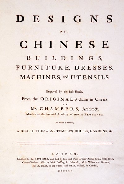Titelsida till design av kinesiska byggnader, möbler, klänningar, maskiner och redskap, 1757 (tryck) av English School
