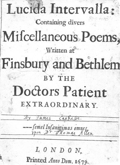 Titelsida till Lucida Intervalla av James Carkesse, publicerad 1679 (tryckt papper) av English School