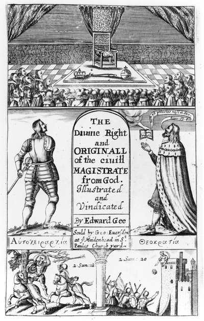 Titelsida till den gudomliga rättigheten och originalet av civildomaren från Gud, graverade av Edward Gee, 1658 av English School